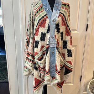 Free People Cream Multi-Color Patterned Knitted Cape with Denim Trim